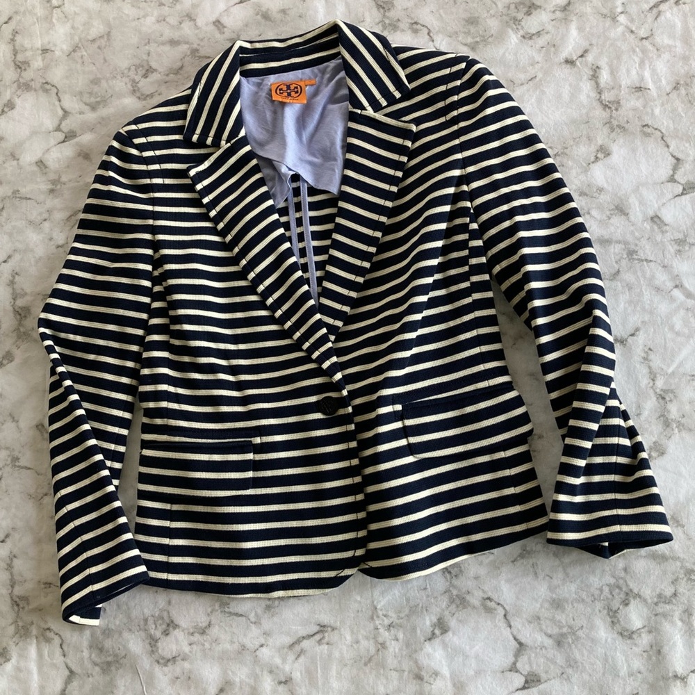 Tory Burch Navy and White Striped Blazer